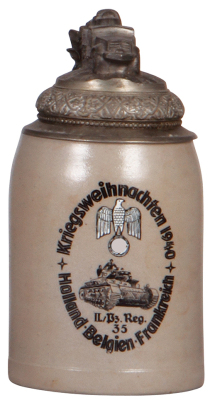 Third Reich stein, .5L, stoneware, II./Pz. Reg. 35, Kriegsweihnachten 1940, Holland, Belgien, Frankreich, pewter lid with military vehicle finial, rare scene & lid, very good repair of the pewter strap & a tear, body mint.