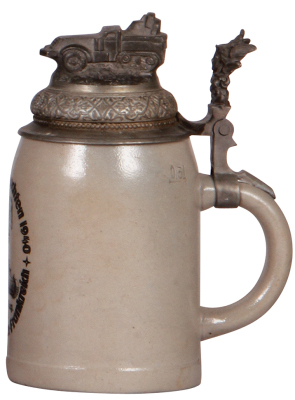 Third Reich stein, .5L, stoneware, II./Pz. Reg. 35, Kriegsweihnachten 1940, Holland, Belgien, Frankreich, pewter lid with military vehicle finial, rare scene & lid, very good repair of the pewter strap & a tear, body mint. - 2