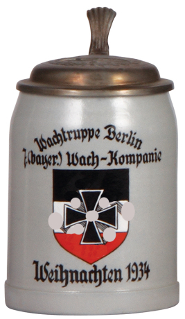 Third Reich stein, .5L, stoneware, Wachtruppe Berlin, 7. [bayer.] Wach-Kompanie, 1934, correct new pewter lid with relief helmet with swastika, mint.