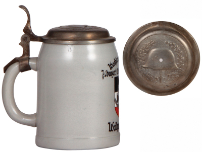 Third Reich stein, .5L, stoneware, Wachtruppe Berlin, 7. [bayer.] Wach-Kompanie, 1934, correct new pewter lid with relief helmet with swastika, mint. - 3