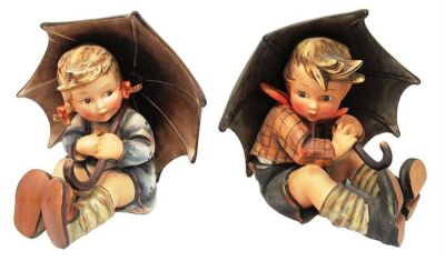 Two Hummel figurines, 8.0'' ht., 152A, Umbrella Boy, 152/B, Umbrella Girl, TM2, Full Bee, rare early example, mint.