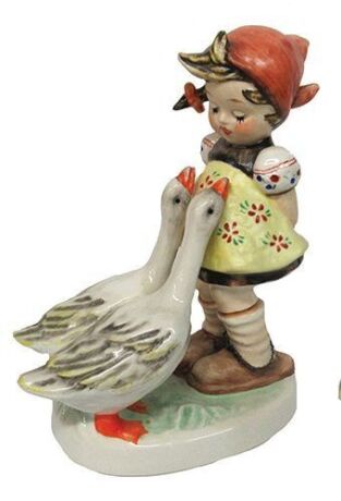 Hummel figurine, 4.9'' ht., 47/0, TMK 6, Goose Girl, factory prototype, International colors and clothing style, metal factory Arbeitsmuster band attached to ancles, rare, mint.