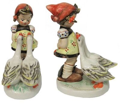 Hummel figurine, 4.9'' ht., 47/0, TMK 6, Goose Girl, factory prototype, International colors and clothing style, metal factory Arbeitsmuster band attached to ancles, rare, mint. - 2