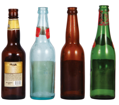Four Anheuser-Busch bottles, 9.4" to 9.8" ht., paper labels include: Black and Tan Porter, Budweiser, Busch Lager, Busch Extra Dry Ginger Ale, good used condition, having minimal flaws and wear. - 2