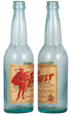 Four Anheuser-Busch bottles, 9.5" to 9.8" ht., paper labels include: Faust Beer, Anheuser-Busch Bock Beer, Anheuser-Busch Lager Beer, Anheuser-Busch Root Beer, good used condition, minimal flaws and wear. - 2