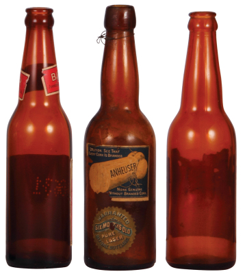 Four Anheuser-Busch bottles, 9.5" to 9.8" ht., paper labels include: Faust Beer, Anheuser-Busch Bock Beer, Anheuser-Busch Lager Beer, Anheuser-Busch Root Beer, good used condition, minimal flaws and wear. - 3