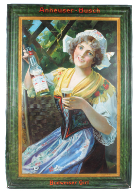 Anheuser-Busch lithograph on metal, 37.5" x 26.7", Budweiser Girl, marked: Chas. W. Shonk Co. Litho., Chicago No. F. 8276, artist A. Gossner, edges dented, bottom corners have tears, minor rust spots in front, wear & rust on rear.