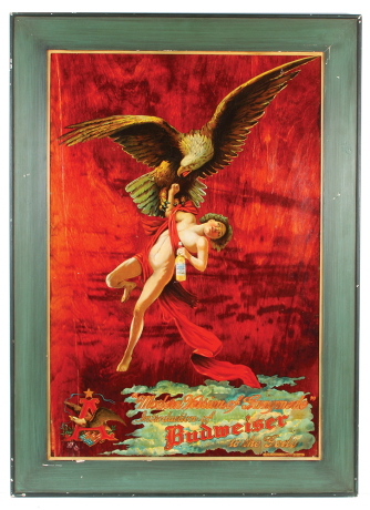 Anheuser-Busch lithograph on wood, framed 35.5" x 25.5", Modern Version of Ganymede Introduction of Budweiser to the Gods, marked: Fechteler & Co. New York & Chicago, minor blemishes on print, frame has minor color loss on edges & sides.