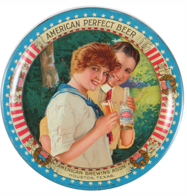 American Perfect Beer tip tray, 5.1" d., marked: Copyright 1914 by Kaufmann & Strauss Co. N.Y. 2089, American Brewing Ass'n., Houston, Texas., scratch on women's neck, small chip on man's chin.