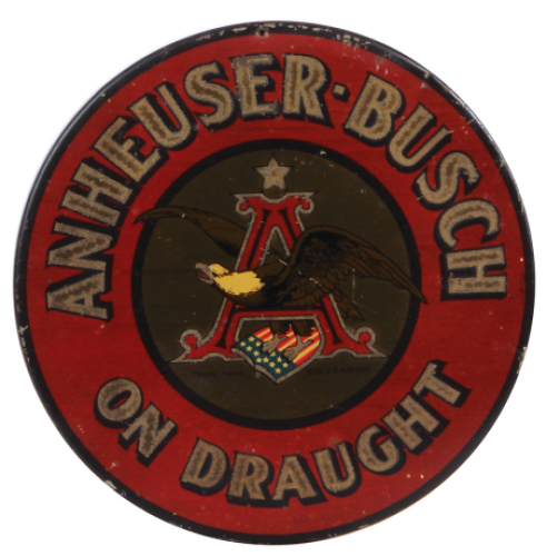 Anheuser-Busch lithograph on metal, 9.9" d., On Draught, trademark reg.&nbsp;U.S. Pat. Off., nail hole and dent on top edge, small paint blemishes.