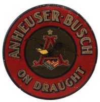 Anheuser-Busch lithograph on metal, 9.9" d., On Draught, trademark reg.&nbsp;U.S. Pat. Off., nail hole and dent on top edge, small paint blemishes.