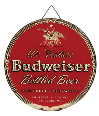 Anheuser-Busch embossed glass advertising window, 10.4" d., Budweiser Bottled Beer, gold and red reverse painted, marked on reverse side paper label item 147, very good condition.