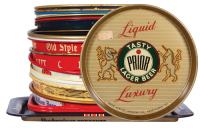 Twenty-four beer trays, 10.0" d. to 13.0" x 17.7", Prior Lager, Heileman&rsquo;s Old Style, Pure Genuine, Piel&rsquo;s Light, Braumeister, Milwaukee&rsquo;s Choicest Beer, Schmidt, Miller High Life The Champagne of Bottle Beer, Meister Brau, Inc. Chicago &ndash; Toledo, Washingt