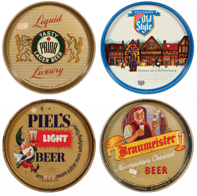 Twenty-four beer trays, 10.0" d. to 13.0" x 17.7", Prior Lager, Heileman’s Old Style, Pure Genuine, Piel’s Light, Braumeister, Milwaukee’s Choicest Beer, Schmidt, Miller High Life The Champagne of Bottle Beer, Meister Brau, Inc. Chicago – Toledo, Washingt - 2