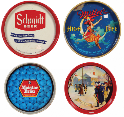 Twenty-four beer trays, 10.0" d. to 13.0" x 17.7", Prior Lager, Heileman’s Old Style, Pure Genuine, Piel’s Light, Braumeister, Milwaukee’s Choicest Beer, Schmidt, Miller High Life The Champagne of Bottle Beer, Meister Brau, Inc. Chicago – Toledo, Washingt - 3