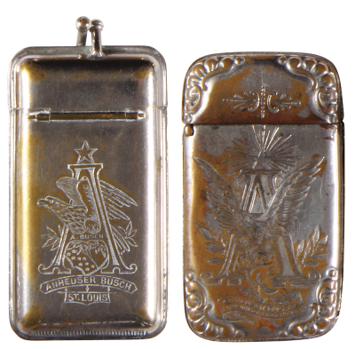 Two Anheuser-Busch match safes, 2.8'' to 3.3'' ht., double-sided design, Anheuser-Busch, St. Louis; with, Anheuser-Busch Brewing Ass’n., St. Louis, good condition.