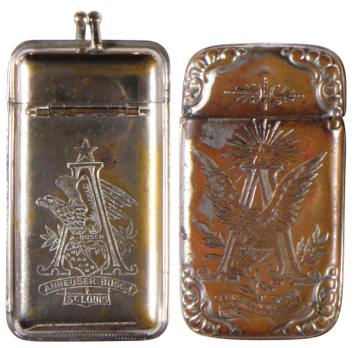 Two Anheuser-Busch match safes, 2.8'' to 3.3'' ht., double-sided design, Anheuser-Busch, St. Louis; with, Anheuser-Busch Brewing Ass’n., St. Louis, good condition. - 2
