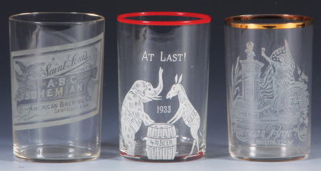 Three Pre-Prohibition glasses, 3.5'' ht., The ABC Bohemian, American Brewing Company, St. Louis, USA; At Last! 1933, 4% Beer, G.O.P. Elephant, Dem. Donkey, American Brew. Ass’n., Houston, TX, Dixie Pale, excellent condition.