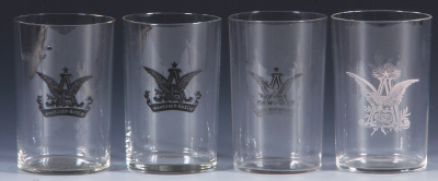 Four beer glasses, 3.5'' ht., three printed A & Eagle Anheuser-Busch, one is worn, one white printed A & Eagle, excellent condition.