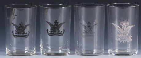 Four beer glasses, 3.5'' ht., three printed A & Eagle Anheuser-Busch, one is worn, one white printed A & Eagle, excellent condition.