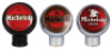 Three Anheuser-Busch tap knobs, 2.6" ht., black plastic, Michelob, enamel on brass; with,&nbsp; 2.5" ht., chrome, enamel on brass, Michelob; with, 2.5" ht., chrome, Michelob, enamel, Michelob on reverse; good used condition.