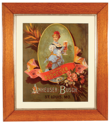 Anheuser-Busch lithograph on paper, framed 35.7" x 31.7", Original Budweiser, marked: The Henderson Achert Krebs Co. Lith. Cincinnati, O., professionally framed & matted, professional restoration of tears.