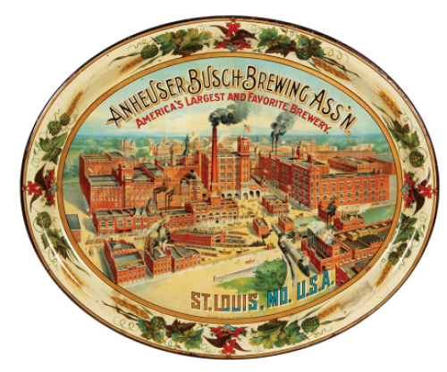 Anheuser-Busch advertising tray, 18.7" x 15.5", America&rsquo;s Largest and Favorite Brewery, Anheuser-Busch Brewing Ass'n., St. Louis, MO, U.S.A., marked: Standard Adv. Co., Coshocton, Ohio, good condition.