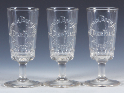 Three Pre-Prohibition embossed beer glasses, 6.1" ht., American Brew. Ass'n, Houston Tex., Dixie Pale, one has two base chips, two in good condition.