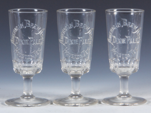 Three Pre-Prohibition embossed beer glasses, 6.1" ht., American Brew. Ass'n, Houston Tex., Dixie Pale, one has two base chips, two in good condition.
