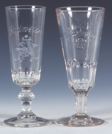 Two Pre-Prohibition embossed beer glasses, 6.4'' to 6.5'' ht., Anheuser-Busch, Budweiser A & Eagle, Budweiser CCC, Patent June 10, 1879, excellent condition.