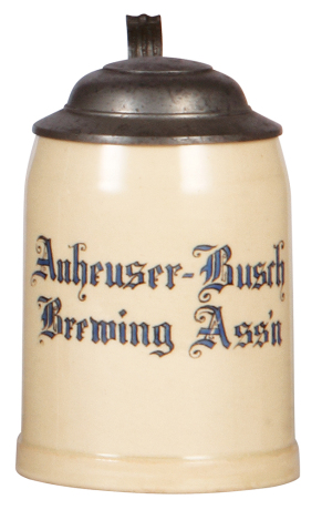 Pottery mug, .4L, transfer & hand-painted, Anheuser-Busch Brewing Ass'n., pewter lid, mint.