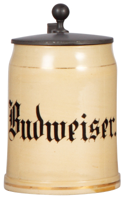 Mettlach stein, .3L, 1909, hand-painted, manufactured 1894, Budweiser, original pewter lid, base edge fracture and chip, a little gold wear.  