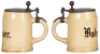 Mettlach stein, .3L, 1909, hand-painted, manufactured 1894, Budweiser, original pewter lid, base edge fracture and chip, a little gold wear. &nbsp; - 2