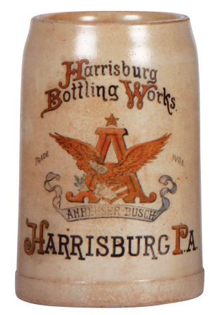 Stoneware stein, .5L, transfer & hand-painted, Anheuser-Busch, Harrisburg Bottling Works, Harrisburg, PA, glaze browning, light wear. 
