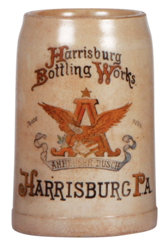 Stoneware stein, .5L, transfer & hand-painted, Anheuser-Busch, Harrisburg Bottling Works, Harrisburg, PA, glaze browning, light wear.&nbsp;