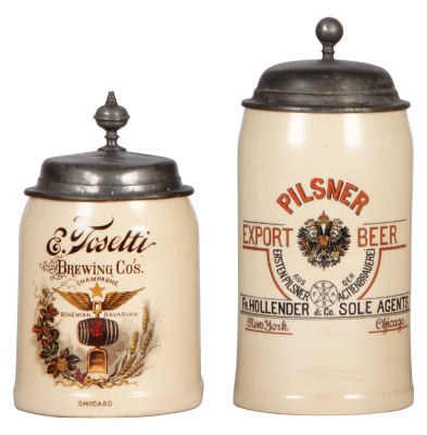 Two Mettlach steins, .5L, 1526, PUG, E. Tosetti Brewing Co's. Chicago, pewter lid is dented; with, .5L 1909, PUG & hand-painted, Pilsner Export Beer Fr. Hollender, New York, Chicago, pewter lid, mint.
