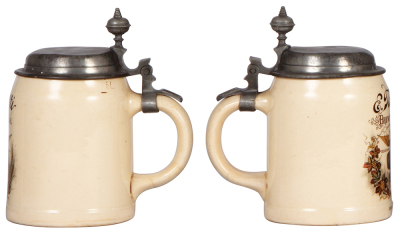 Two Mettlach steins, .5L, 1526, PUG, E. Tosetti Brewing Co's. Chicago, pewter lid is dented; with, .5L 1909, PUG & hand-painted, Pilsner Export Beer Fr. Hollender, New York, Chicago, pewter lid, mint. - 2