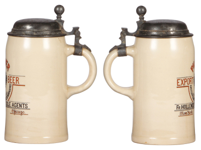 Two Mettlach steins, .5L, 1526, PUG, E. Tosetti Brewing Co's. Chicago, pewter lid is dented; with, .5L 1909, PUG & hand-painted, Pilsner Export Beer Fr. Hollender, New York, Chicago, pewter lid, mint. - 3