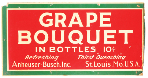 Anheuser-Busch lithograph on cardboard, 19.5" x 37.4", Grape Bouquet in Bottles 10&cent;, thick cardboard, nail holes, tears & damage from use.