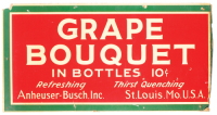 Anheuser-Busch lithograph on cardboard, 19.5" x 37.4", Grape Bouquet in Bottles 10&cent;, thick cardboard, nail holes, tears & damage from use.