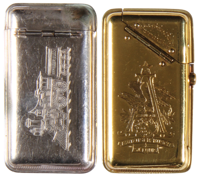 Two Anheuser-Busch match safes, 2.8'' to 3.0'' ht., double-sided design, Anheuser-Busch, St. Louis; with, Anheuser-Busch Ass’n., St. Louis, gold color, marked: Adolphus Busch, both good condition. - 2
