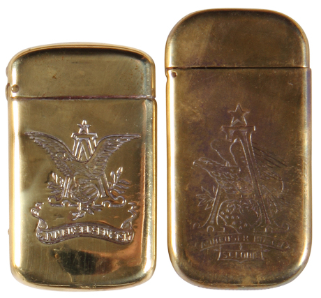 Two Anheuser-Busch match safes, 2.5'' to 2.8'' ht., Anheuser-Busch, double-sided design, Anheuser-Busch St. Louis, Adolphus Busch, both have a little wear.