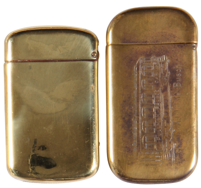 Two Anheuser-Busch match safes, 2.5'' to 2.8'' ht., Anheuser-Busch, double-sided design, Anheuser-Busch St. Louis, Adolphus Busch, both have a little wear. - 2