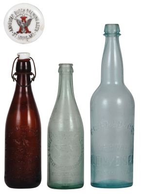 Three Anheuser-Busch bottles, 10.0" ht., Anheuser-Busch Brewing Ass'n., Baltimore Branch, marked A.B.G.M. Co., include original porcelain stopper with mechanism; with 9.2" ht., Anheuser-Busch Brewing Ass'n., Baltimore, MD Branch; with 11.9" ht., marked C&