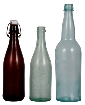 Three Anheuser-Busch bottles, 10.0" ht., Anheuser-Busch Brewing Ass'n., Baltimore Branch, marked A.B.G.M. Co., include original porcelain stopper with mechanism; with 9.2" ht., Anheuser-Busch Brewing Ass'n., Baltimore, MD Branch; with 11.9" ht., marked C& - 2