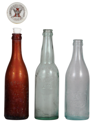 Three Anheuser-Busch bottles, 9.7'' ht., Anheuser-Busch Brewing Ass'n., Beer, Consumers B. B. Est B, original porcelain bottle stopper, no metal mechanism, bottle cloudy with light flaking; with, 9.6" ht., unmarked, Anheuser-Busch; with 8.6" ht., unmarked