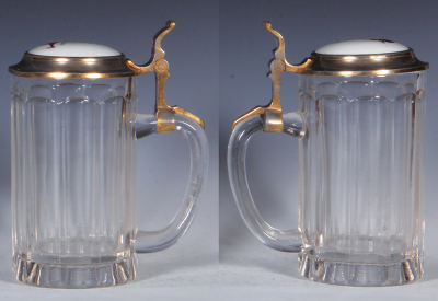 Glass stein, .5L, pressed, clear, porcelain inlaid lid: Faust, pewter has some gold-plating that is worn, dent on pewter rim. - 2