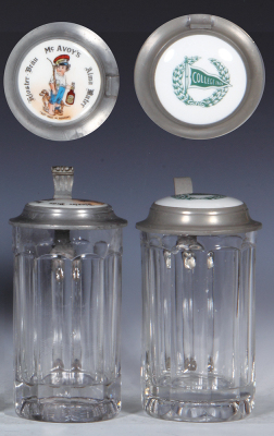 Two glass steins, .5L, pressed, porcelain inlaid lid: McAvoy's Kloster-Bräu Alma Mater, roughness around lower body; with, .5L, pressed, porcelain inlaid lid: College Inn, mint.