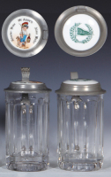 Two glass steins, .5L, pressed, porcelain inlaid lid: McAvoy's Kloster-Br&auml;u Alma Mater, roughness around lower body; with, .5L, pressed, porcelain inlaid lid: College Inn, mint.