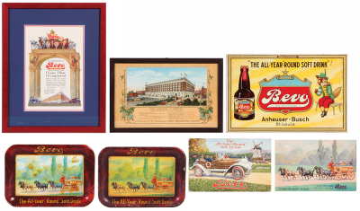 Seven Anheuser-Busch, Bevo items, 3.5" x 5.4" to 10.7" x 13.4", postcards, tip trays, wall advertising, one original frame, second professionally matted & framed, tip trays & cardboard Bevo sign have normal wear from use, overall condition is very good.